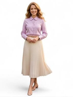 Jessica Lavender Textured Button Down Blouse - M/L - Floral Embroidered Stripes